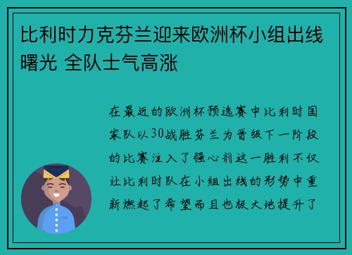 比利时力克芬兰迎来欧洲杯小组出线曙光 全队士气高涨