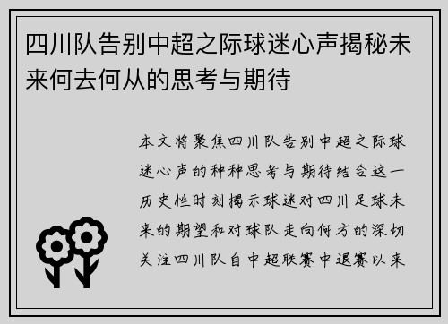 四川队告别中超之际球迷心声揭秘未来何去何从的思考与期待