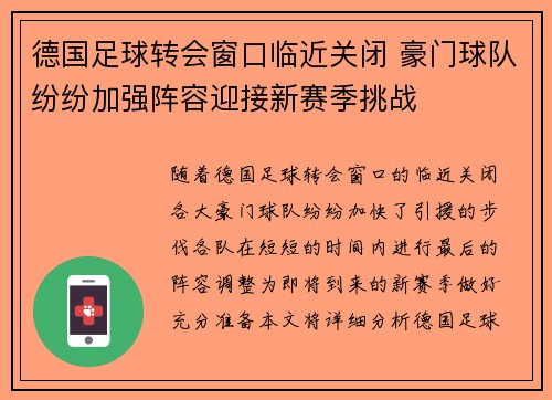 德国足球转会窗口临近关闭 豪门球队纷纷加强阵容迎接新赛季挑战