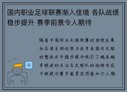 国内职业足球联赛渐入佳境 各队战绩稳步提升 赛季前景令人期待