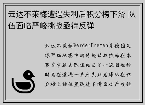 云达不莱梅遭遇失利后积分榜下滑 队伍面临严峻挑战亟待反弹