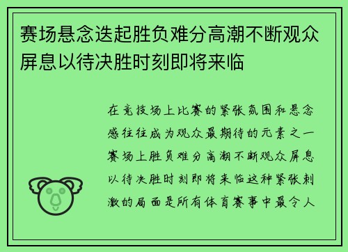 赛场悬念迭起胜负难分高潮不断观众屏息以待决胜时刻即将来临