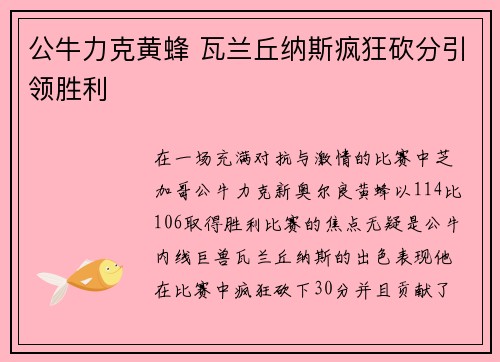 公牛力克黄蜂 瓦兰丘纳斯疯狂砍分引领胜利