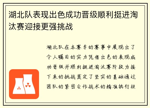 湖北队表现出色成功晋级顺利挺进淘汰赛迎接更强挑战